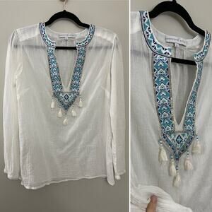 Christopher Sauvat 100% Cotton‎ Boho Beachy Resort Muslin Beaded Tassel Blouse S